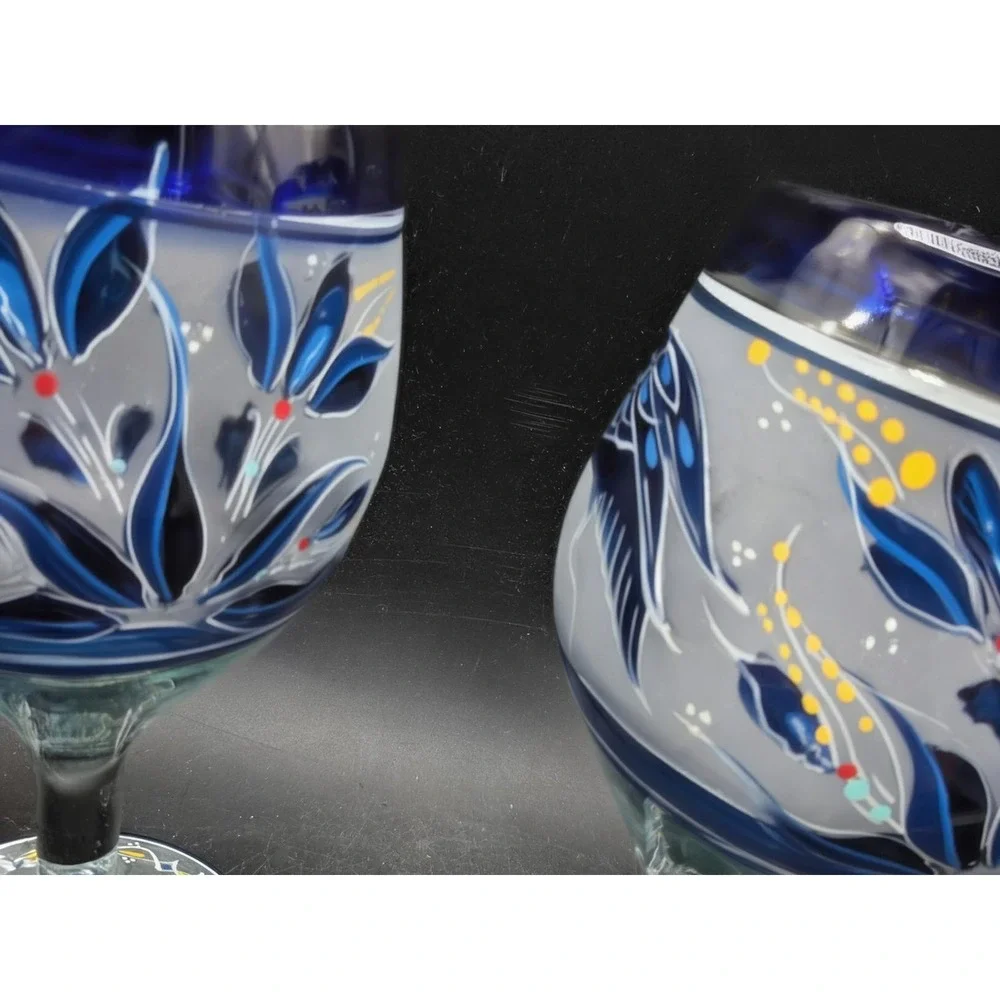 Set/2 Hand Painted Tonala Frosted Wine Goblets Crane Heron Floral Art Glass